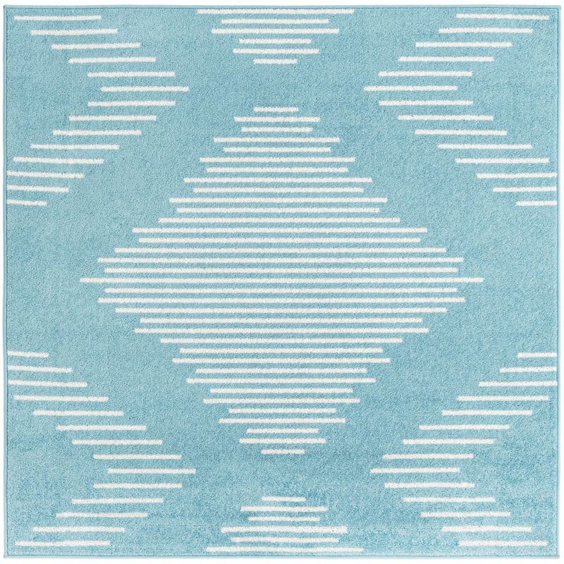 Tapis géométrique bleu clair en polypropylène tissé à la machine, Carré 5 pi 3 po