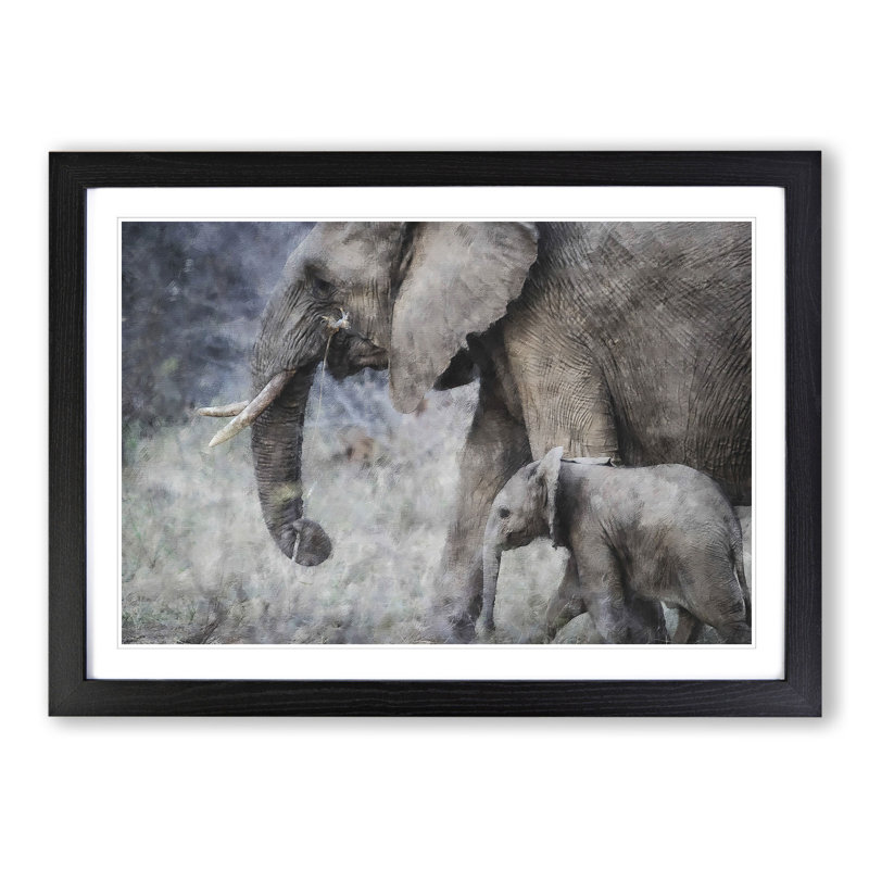 Mother and Baby Elephant Vol.1 - Picture Frame Painting, 27cm H x 36cm W x 2cm D, Black Framed