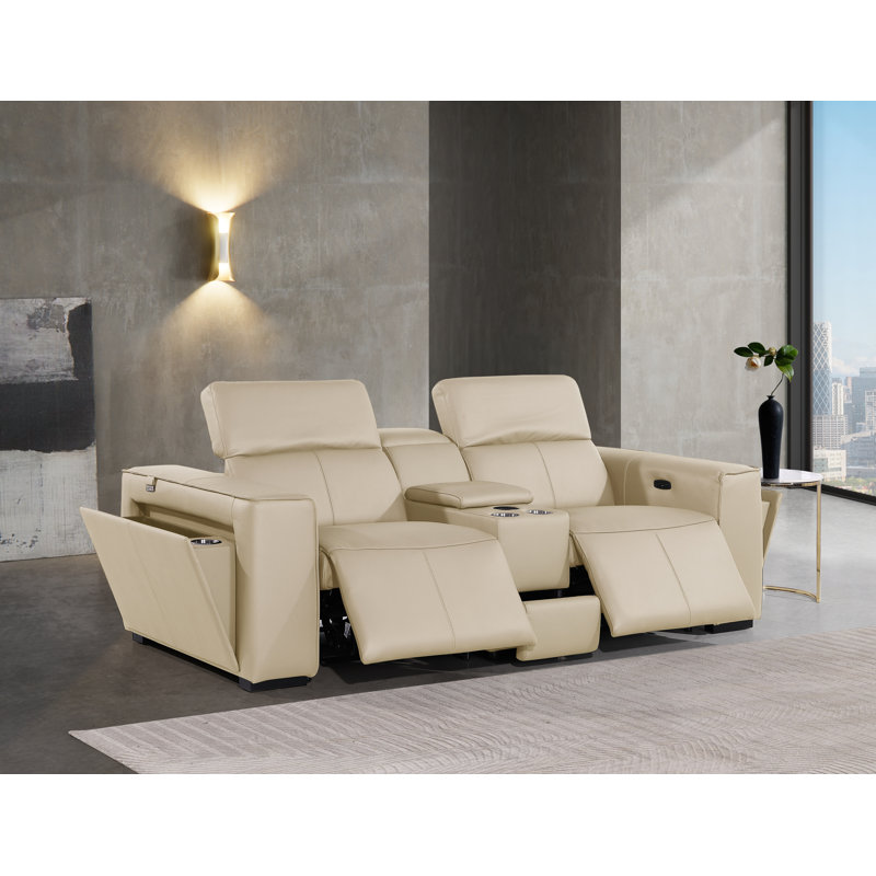 Top Grain Italian Leather Modular Power Dual Reclining Console Loveseat With Power Headrests, Beige