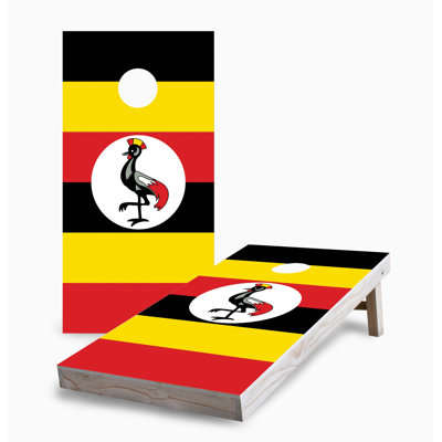 Ensemble de jeu de cornhole 2 x 4 avec drapeau ougandais | Comprend (2) planches (8) sacs et accessoires optionnels
