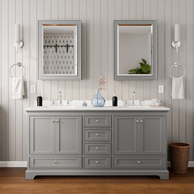 Meuble-lavabo double de 72 po Deborah en gris foncé, comptoir en marbre de culture de Carrare, lavabos carrés encastrés (3 trous), garniture en chrome poli, armoires à pharmacie