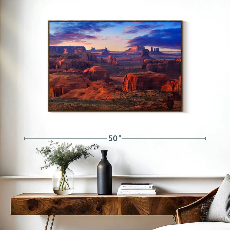 Hunts Mesa Monument Valley Sunset, 37 po x 25 po, Cadre flottant noyer