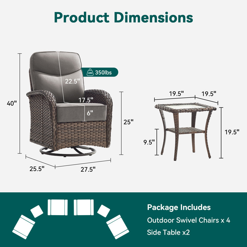 Chaises de patio pivotantes en osier pour 4 personnes avec coussins de 6 po et table d'appoint Totnes, Gris