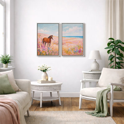 Colorful Horse Meadow Landscape Artwork, Living Room Pictures, Framed Canvas Giclee Print Wall Art