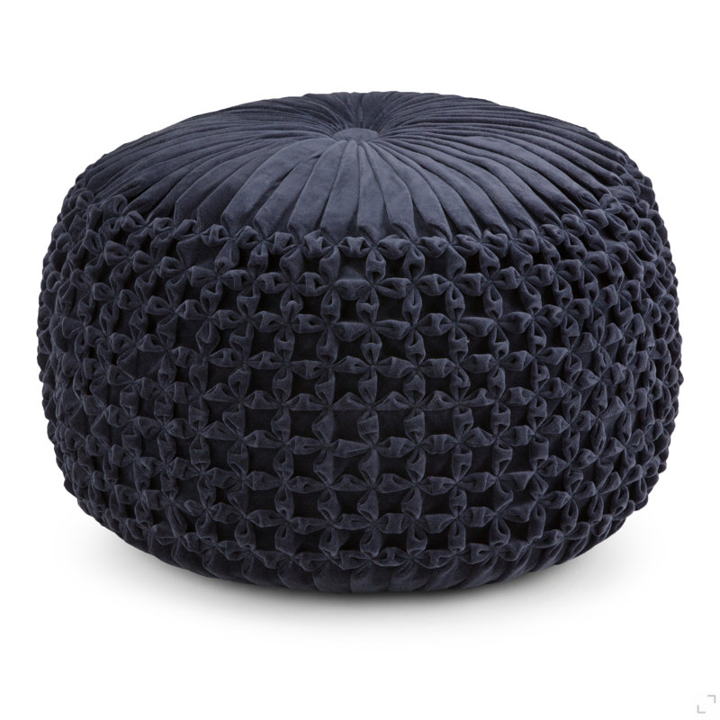 20 Inch Wide Round Pouf In Navy Velvet, Black
