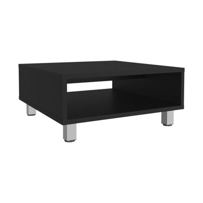 Sleek Square Coffee Table With Open Shelf For Primary Living Space Storage Tray, Black