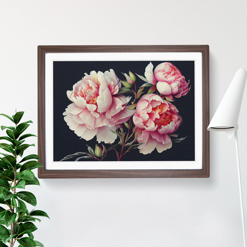 Watercolour Peony Flowers Vol.2 - Single Picture Frame Painting, 25cm H x 34cm W x 2cm D, Walnut