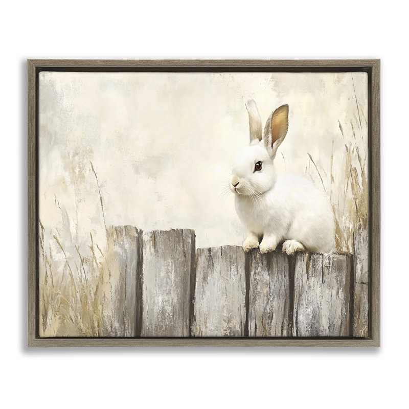 «Bunny On The Fence Floater», art mural par Franklyn Gregory, 25" H x 31" W, Cadre flottant orme Montalcino