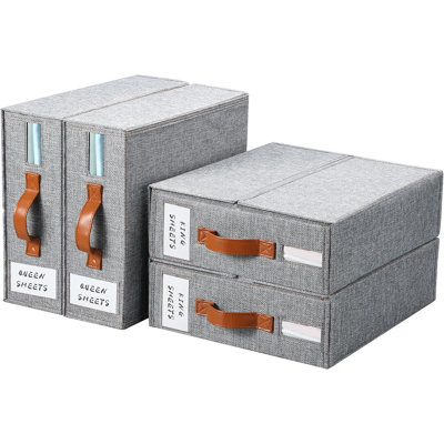 Ensemble de 4 organisateurs de draps, organisateurs de placard en lin pliable et rangement (grand et très grand) avec fenêtre et étiquette, boîte de rangement pour literie, housses de couette et oreiller, gris