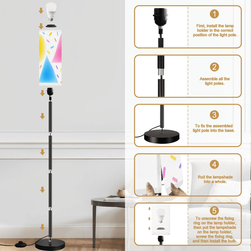 Lampe sur pied confettis à formes géométriques abstraites multicolores à intensité variable moderne avec télécommande et pédale, abat-jour, abat-jour haut, lampe de coin pour le salon, la chambre et le bureau