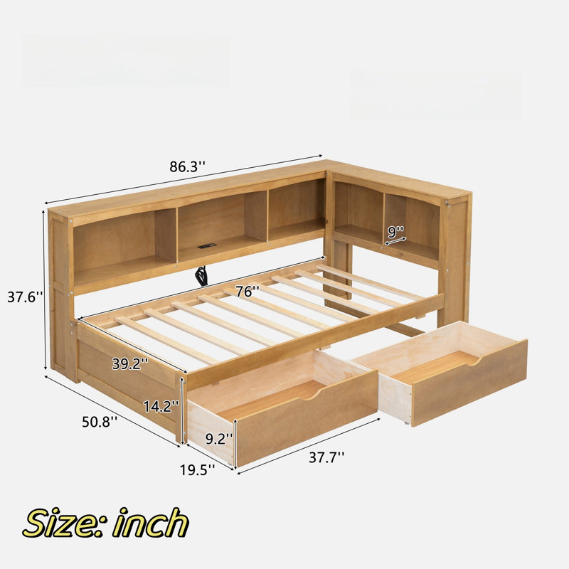 Lit de jour avec deux tiroirs de rangement, 5 armoires encastrées et ports USB, Bois