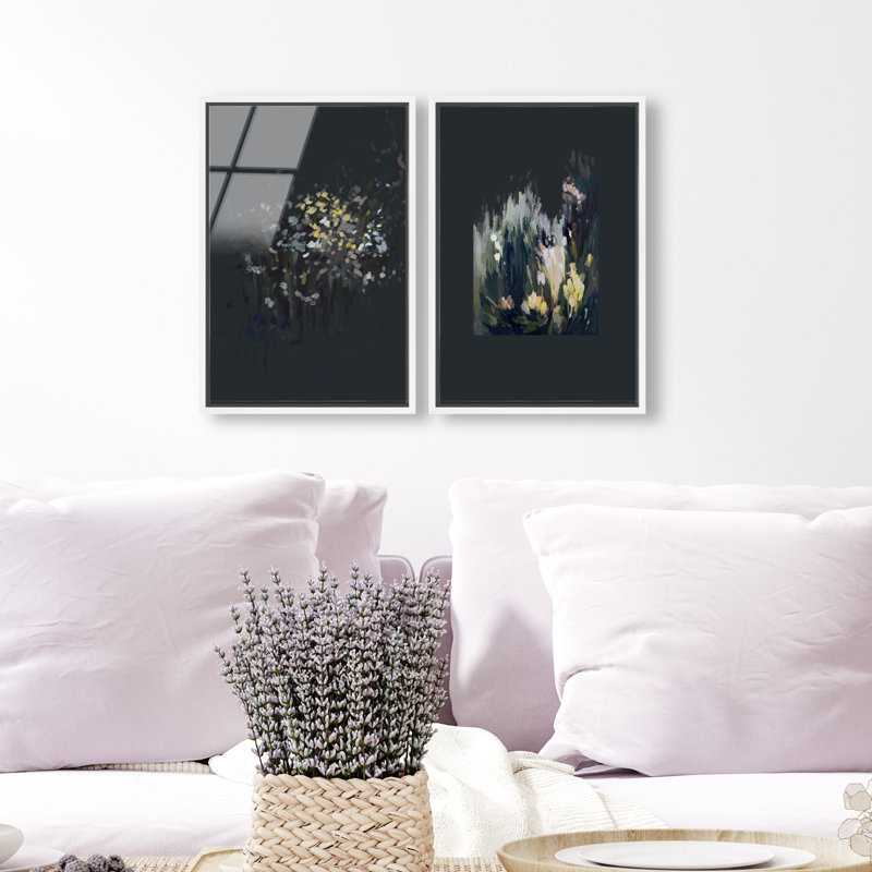 Midnight Flora Set, 16"H x 11"W, White Floater Frame