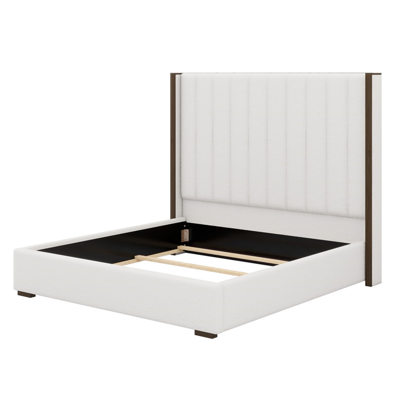 Tall Headboard Upholstered Bed With Vertical Striped And Wingback Design
