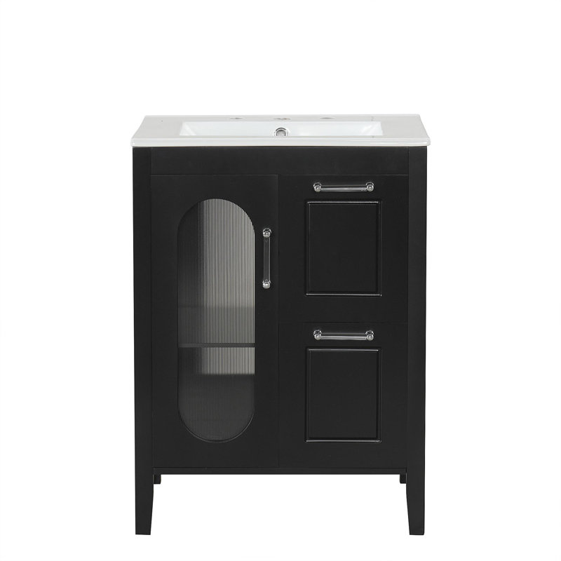 24" Bathroom Vanity With Sink, Bathroom Vanity Cabinet With Two Drawers And Door, Adjustable Shelf, Solid Wood And MDF, Black