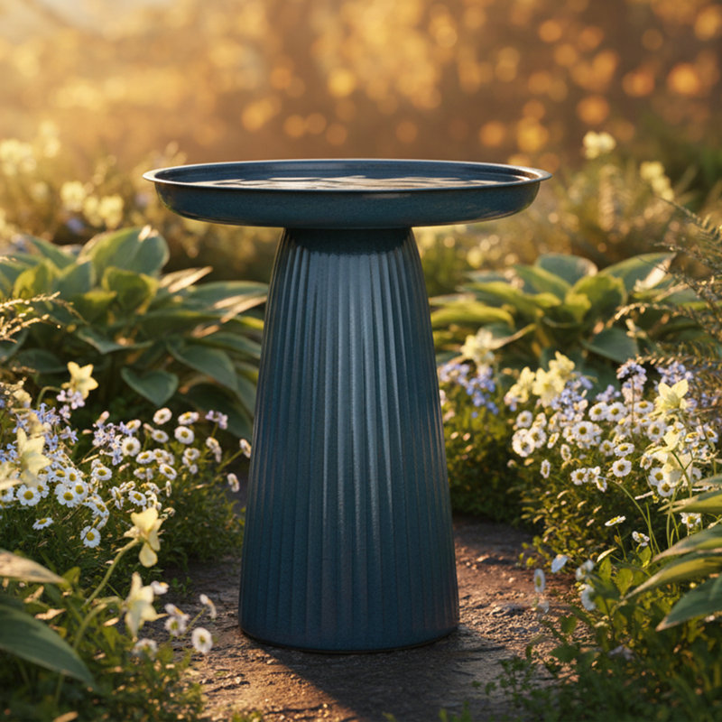 Gleeful Garden Metal Outdoor Bird Bath, Blue