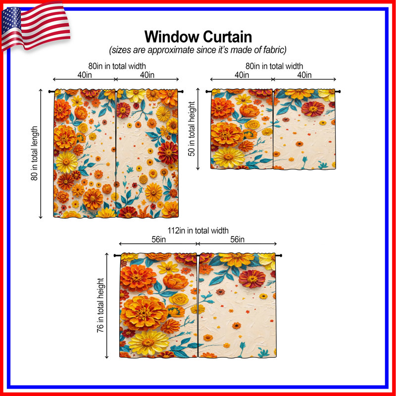 Rideaux de fenêtre à fleurs colorées colorées souci et obscurcissant - 2 panneaux, 80in x 82in - 2 panels, Sheer