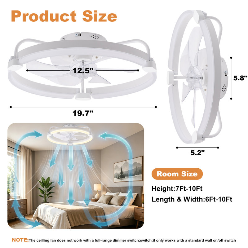 Ventilateur de plafond en aluminium 20 po avec lumière DEL, Blanc, Blanc