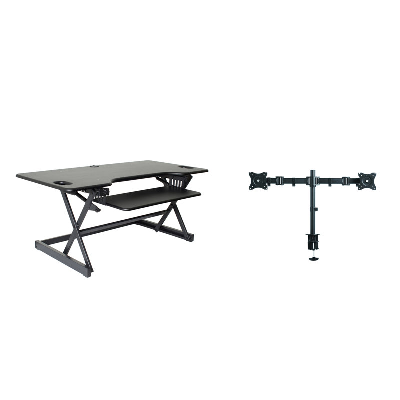  46 in. Black Height Adjustable Standing Desk Converter with Double Monitor Mount Arm and Deep Keyboard Tray