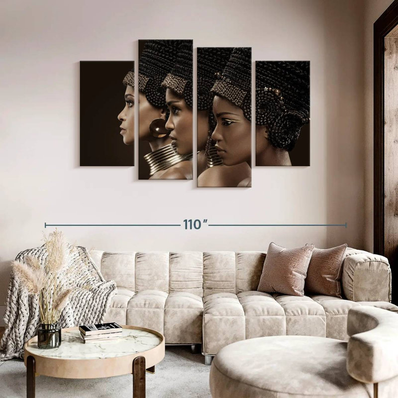 Portrait de femme africaine 4 pièces, H 54 po x l 84 po x P 1,25 po