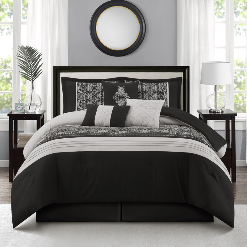 Charley Microfiber 7 Piece Comforter Set, Queen Comforter + 6 Additional Pieces, Black/Silver