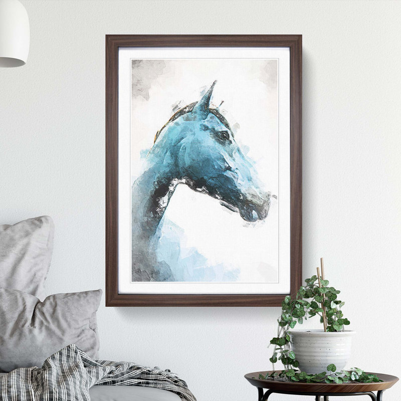 Steel Blue Horse in Abstract - Picture Frame Painting Print, 65cm H x 48cm W x 2cm D, Walnut Framed