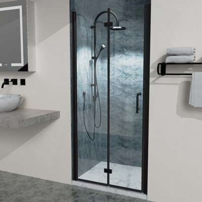 Portes de douche pliantes sans cadre à deux volets en noir mat avec verre transparent