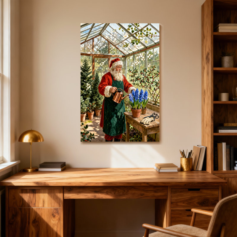 Père Noël de jardinage dans une serre avec des fleurs, H 30 po x l 20 po
