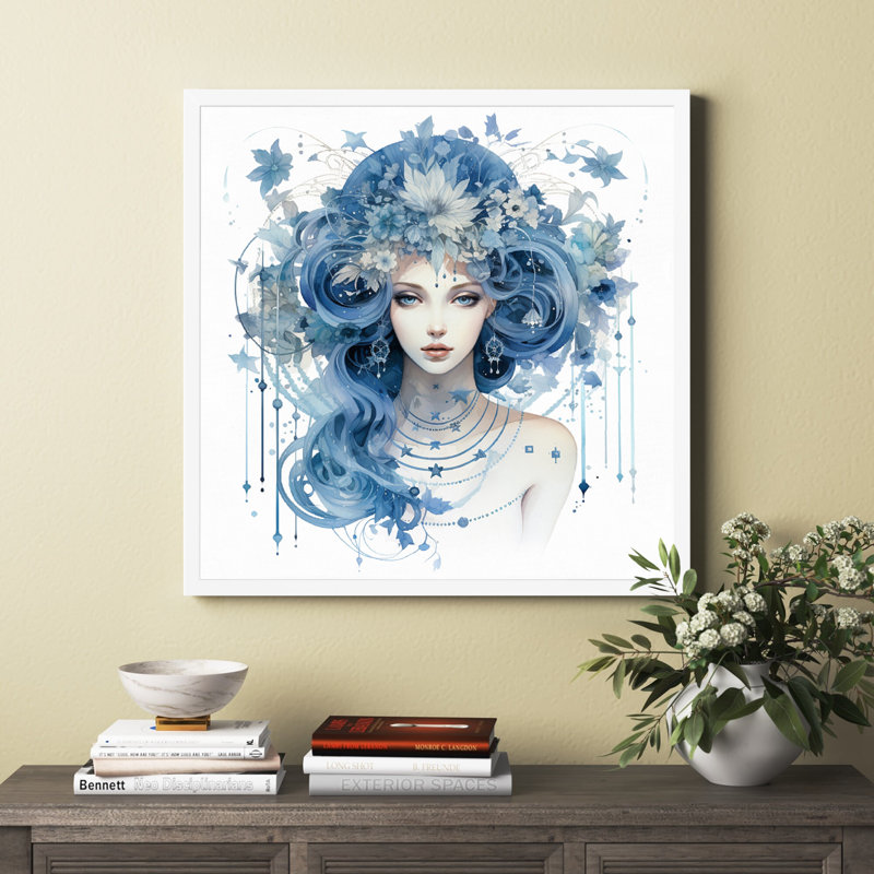 Signe du zodiaque vierge sur toile, Cadre simple blanc, H 36 po x l 36 po x P 1,5 po