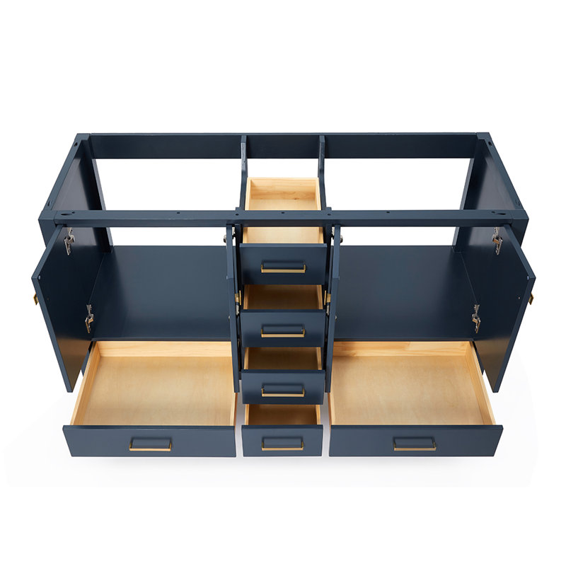 Cambridge 60'' W Double Bathroom Vanity Base, Satin Brass, Midnight Blue