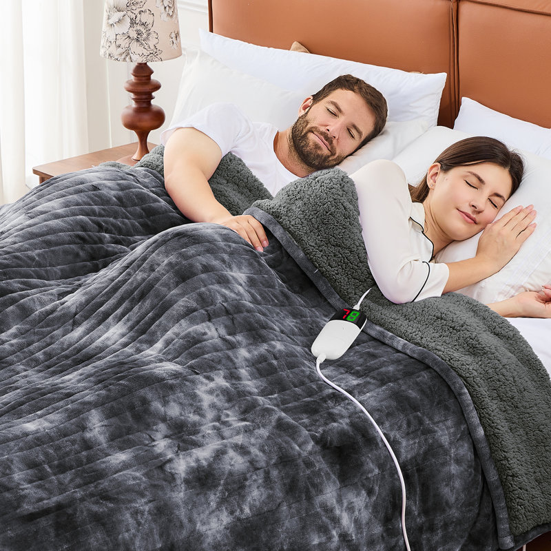 Jeté chauffant électrique en fausse fourrure avec dossier en sherpa moelleux, Gris, Queen