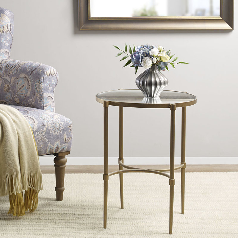 Superbe table d'appoint ovale avec structure en métal et plateau en miroir de style bronze antique