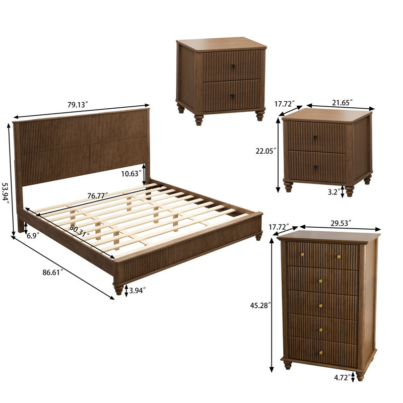 4-Piece Bedroom Set With A King Size Bed, 4 Pieces: Bed, 2 Nightstands, Chest, Walnut, King