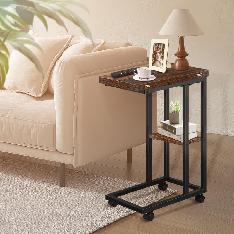 Allyson Rustic Brown Foldable Expandable C-Shaped End Table With Storage & Wheels For Living Room