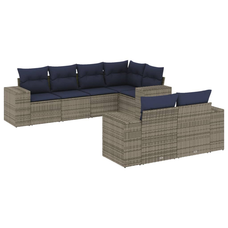 7 Piece Patio Sofa Set With Cushions Gray Poly Rattan, Navy Blue, Gray