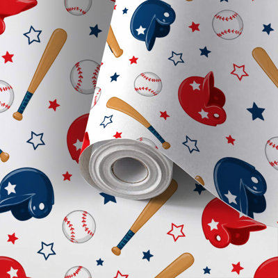 Peel and Stick Wallpaper Contact Paper Red Blue Baseball Helmets Bats Balls Stars Self Adhesive and Removable 17.7in x 118in(45x300cm)