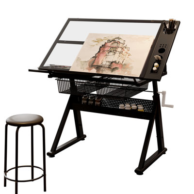 Hand Crank Adjustable Tempered Glass Drafting And Printing Table With Chair Storage For Living Room - 0 70 Degrees Angle, 29.52" 37.8" Height, 24" Slide Up Pencil Ledge, Two Metal Drawers Drawing