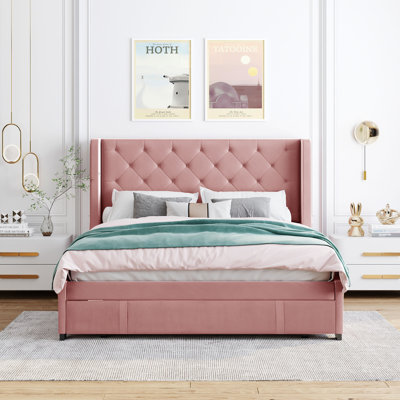 Queen Size Velvet Upholstered Platform Bed With  Drawer -  Everly Quinn, 3664401CFD58463194548CE273A50885