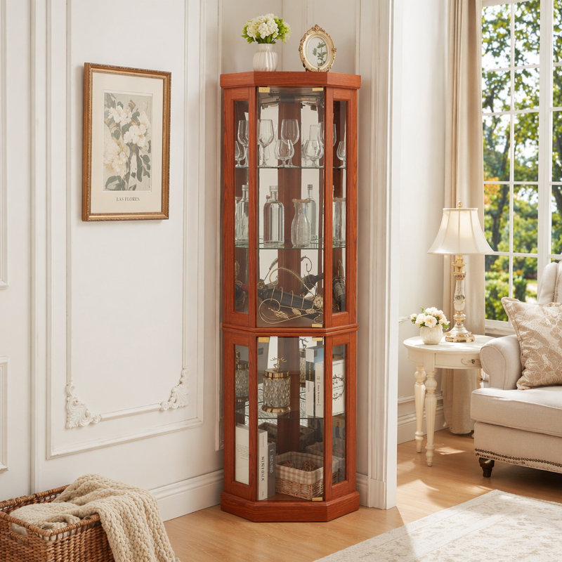 Vitrine de coin lumineuse en verre pour le salon, idéale pour la collection antique, le rangement du vin et la présentation d'objets précieux