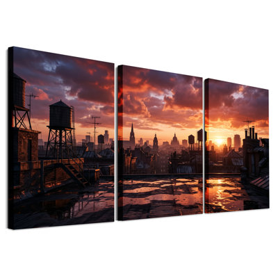 Toile urbaine au coucher du soleil avec tours d'eau, ensemble de 3 toiles d'art