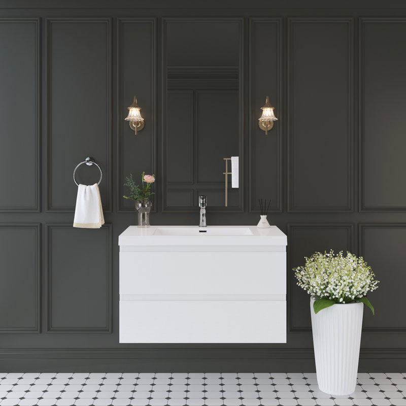 Meuble-lavabo flottant 36 po, comptoir à surface solide, tiroirs à fermeture en douceur, entièrement assemblé, blanc brillant pour style 36 po avec lavabo, blanc, comptoir en résine durable