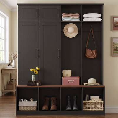 Porte-manteau de style campagnard avec 4 crochets dissimulés ; banquette multifonction de couleur noyer avec 8 portes d'armoire ; meuble à chaussures pour salons et entrées, noir
