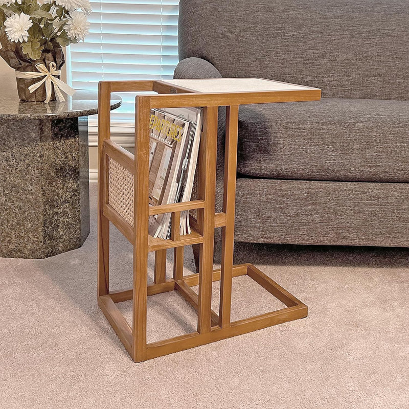 Solid Teak Side Table With Magazine Rack, C Shapped End Table For Couch, Sofa And Desk, Teak Magazine Rack C-Table With Terrazzo Table Top, Fully Assembled
