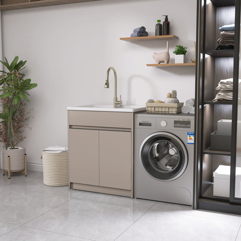 Freestanding 30'' Beige Laundry Sink Cabinet with Hot & Cold Water Drop-in Solid Surface Utility Sink