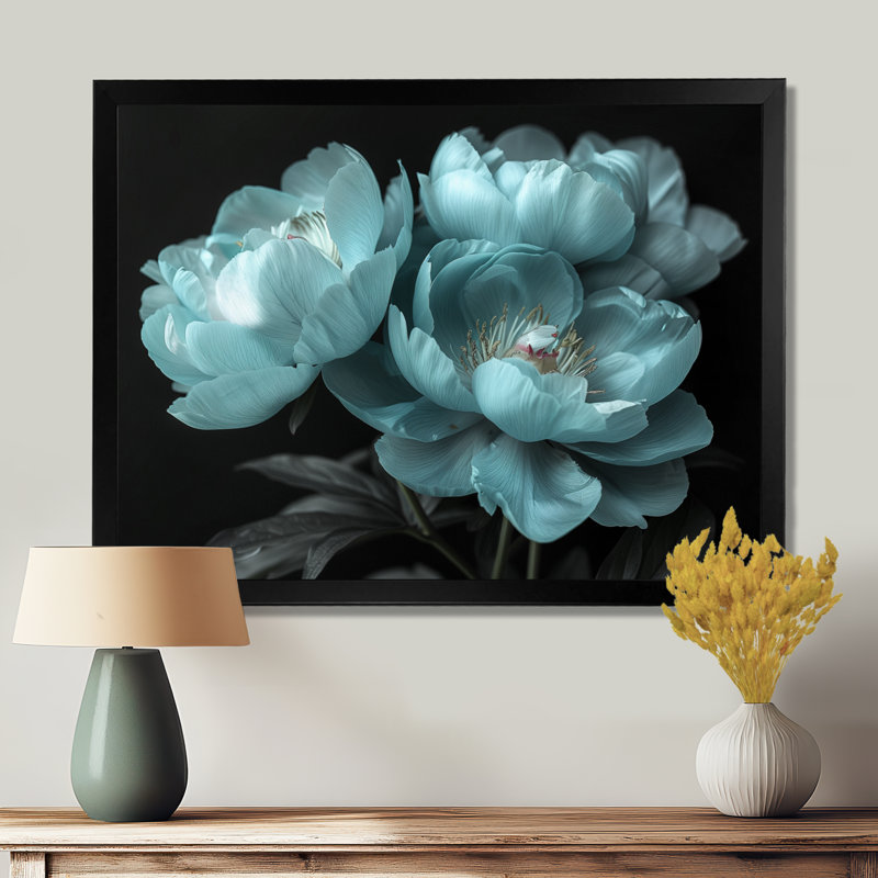 «Blue Monochon pivoines Natures Nuance II», impression d'art mural pivoines, Cadre noir, H 12 po x l 20 po