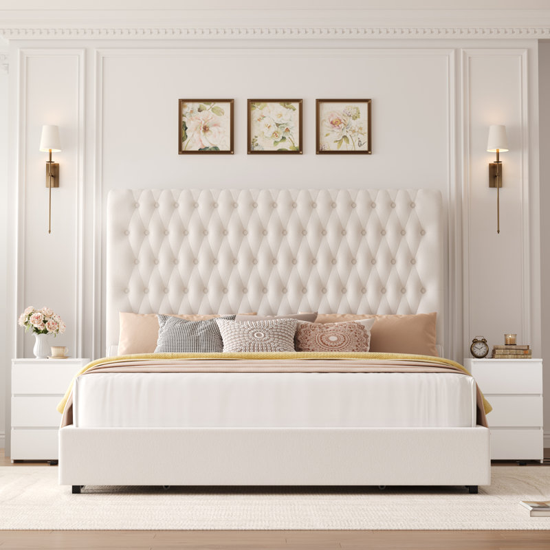 Ensemble de chambre à coucher 3 pièces, grand lit à oreilles blanc cassé, Très grand, Beige