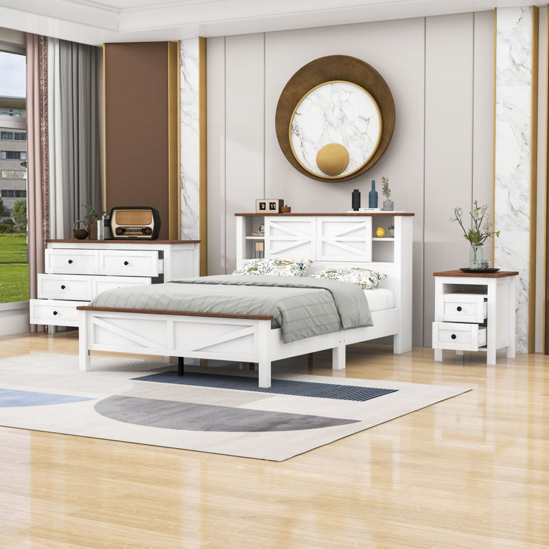 Ensemble de chambre à coucher, lit plateforme avec tête de lit, table de chevet et commode 3 pièces Kuehne, Blanc, brun