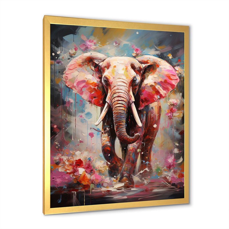 Imprimé sur toile, éléphant rose, Cadre doré simple, H 40 po x l 30 po x P 1,5 po