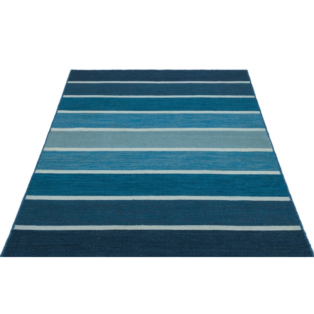 Girit Blue Striped Wool Handmade Area Rug