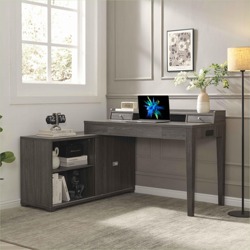 Bureau à domicile en L avec mini huche, 3 tiroirs, crédence réversible et amp; Chargement USB | Gris | Panneau de particules et panneau de fibres à densité moyenne