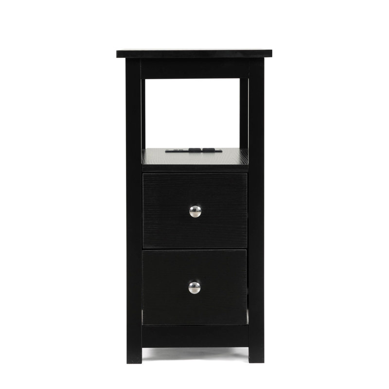 Table de bout avec station de charge, table d'appoint étroite, table de chevet en bois, mobilier de chambre à coucher, noir